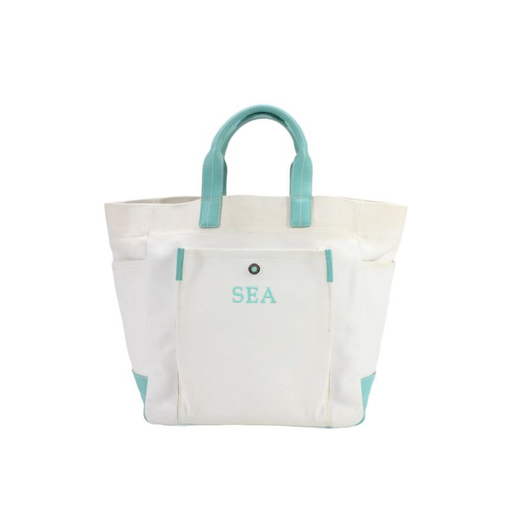 Tiffany & Co Womens Coloblock Snapped Buttoned Tote Handbag White Blue